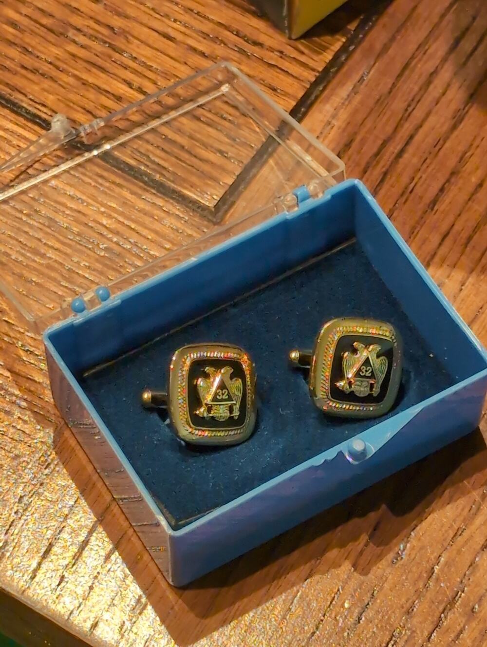 Vintage Scottish Rite 32nd Degree Masonic Cufflinks Gold Tone Black Enamel Boxed